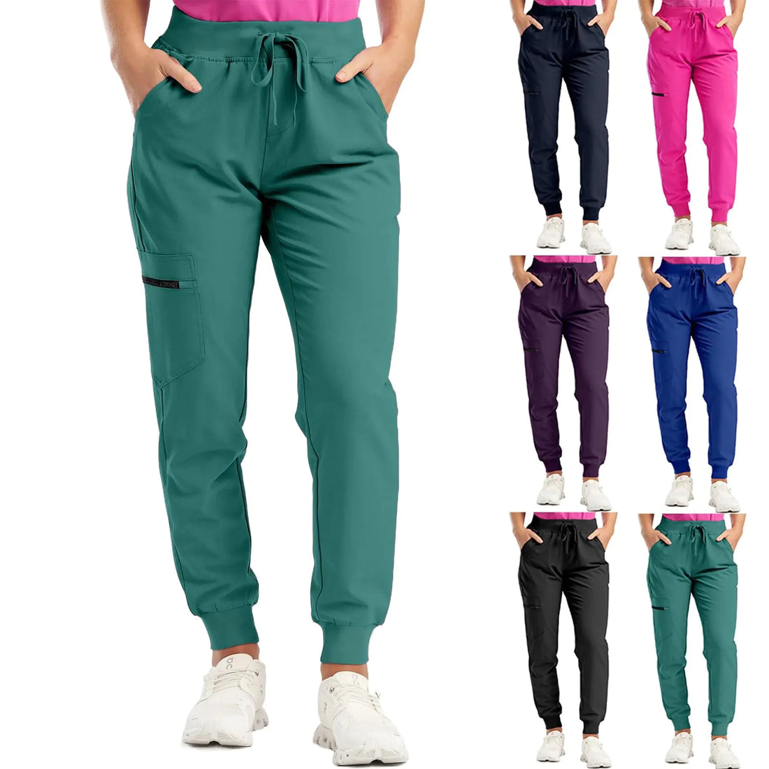 Joggers Scrub Pants for Women Stretch Lightweight Jogger Style Scrubs Pants Comfy Lounge Drawstring High Waisted Cargo Work Pants Slim Fit Cinch Bottom Running Pants Hiking Pants with Pockets