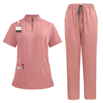 Scrubs Set for Women Cotton Nursing Medical Uniforms with Pockets Short Sleeve Tops & Drawstring Tapered Jogger Pants V Neck Plus Size Nurse Outfit Cute Stretchy Scrubs(Medium C-Pink)