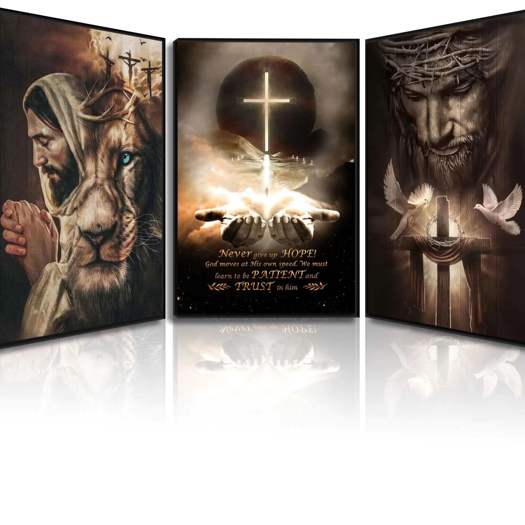 3Pcs Jesus Wall Art Jesus Lion Posters Pictures Christian Paintings Cross Bible Art Canvas Prints Cross And Peace Dove Decor Redemption And God Series for Room Religious Churches Wall Decor Unframed