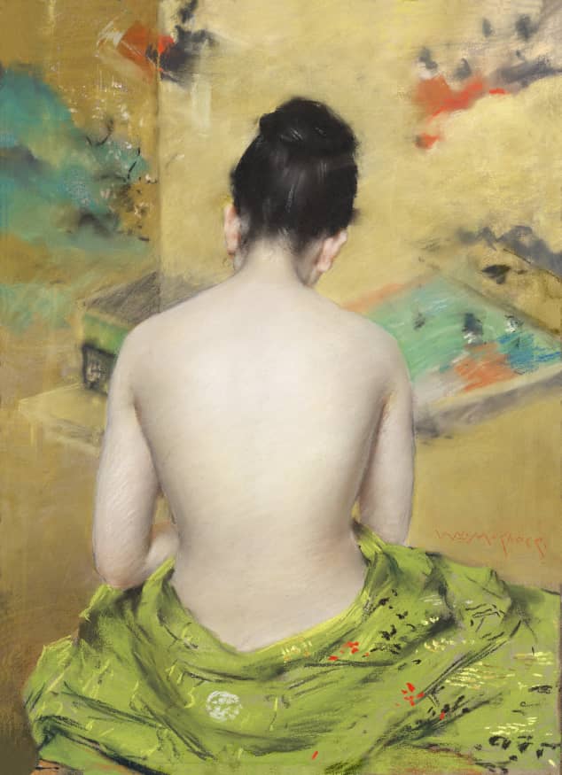 Naked Japanese woman posing sensually with a Kimono,vintage erotic art