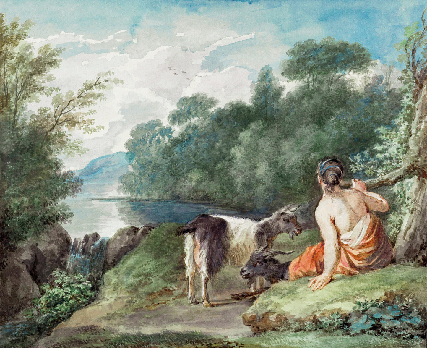 Sheperdess with goats in a Landscape with a Lake (1781) by Aert Schouman,originally from the Rijksmuseum