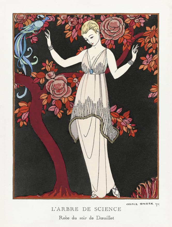 L'arbre de Science:Robe du soir de Doeuillet(1914)Fashion illustration by George Barbier